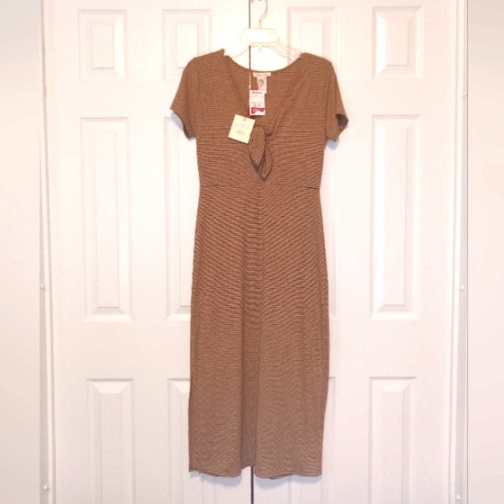 Rolla Coster Dress StripedV Neck Tie Fitted Right Slit Bodycon Large Tan Black